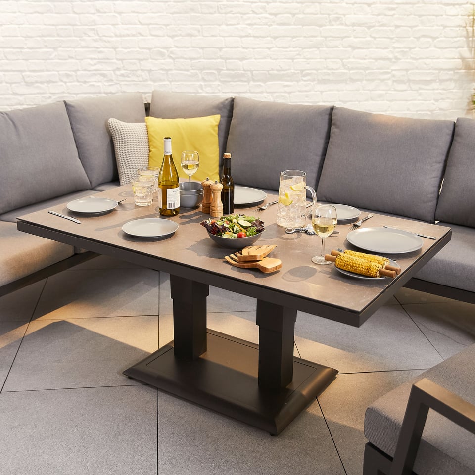 Vogue 3 Seater Aluminium Lounge Dining Set with 2 Armchairs - Adjustable Rising Table in Graphite Grey