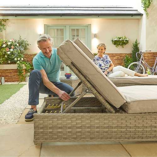 Oyster Rattan Sun Lounger Set of 2 and Side Table in Oyster