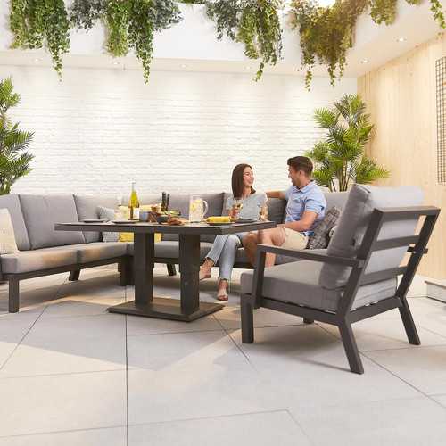 Vogue L-Shaped Corner Aluminium Lounge Dining Set with Armchair - Adjustable Rising Table